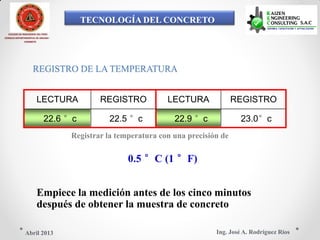TECNOLOGÍA DEL CONCRETO
COLEGIO DE INGENIEROS DEL PERÚ
CONSEJO DEPARTAMENTAL DE ANCASH -
CHIMBOTE
REGISTRO DE LA TEMPERATURA
LECTURA REGISTRO LECTURA REGISTRO
22.6 °c 22.5 °c 22.9 °c 23.0°c
Registrar la temperatura con una precisión de
0.5 °C (1 °F)
Empiece la medición antes de los cinco minutos
después de obtener la muestra de concreto
Ing. José A. Rodríguez RíosAbril 2013
 