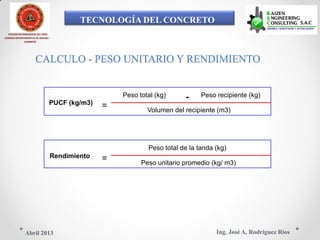 TECNOLOGÍA DEL CONCRETO
COLEGIO DE INGENIEROS DEL PERÚ
CONSEJO DEPARTAMENTAL DE ANCASH -
CHIMBOTE
CALCULO - PESO UNITARIO Y RENDIMIENTO
Peso total (kg) Peso recipiente (kg)-
PUCF (kg/m3)
= Volumen del recipiente (m3)
Peso total de la tanda (kg)
Rendimiento = Peso unitario promedio (kg/ m3)
Ing. José A. Rodríguez RíosAbril 2013
 