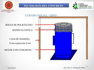 TECNOLOGÍA DEL CONCRETO
COLEGIO DE INGENIEROS DEL PERÚ
CONSEJO DEPARTAMENTAL DE ANCASH -
CHIMBOTE
CURADO INICIAL - DINO
BOLSA DE POLIETILENO
BANDA ELÁSTICA
CAJA DE MADERA
Evita exposición al sol
MOLDE CON CONCRETO
Ing. José A. Rodríguez RíosAbril 2013
 
