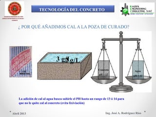 TECNOLOGÍA DEL CONCRETO
COLEGIO DE INGENIEROS DEL PERÚ
CONSEJO DEPARTAMENTAL DE ANCASH -
CHIMBOTE
¿ POR QUÉ AÑADIMOS CAL A LA POZA DE CURADO?
3 g/L2 g/L
Concreto Agua
pH > 12 pH > 12
La adición de cal al agua busca subirle el PH hasta un rango de 13 ó 14 para
que no le quite cal al concreto (evita lixiviación)
Ing. José A. Rodríguez RíosAbril 2013
 