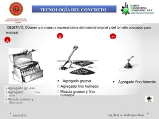 TECNOLOGÍA DEL CONCRETO
COLEGIO DE INGENIEROS DEL PERÚ
CONSEJO DEPARTAMENTAL DE ANCASH -
CHIMBOTE
OBJETIVO: Obtener una muestra representativa del material original y del tamaño adecuado para
ensayar
B C
A
 Agregado grueso  Agregado fino húmedo
Agregado fino húmedo• Agregado grueso
Mezcla grueso y fino• Agregado fino
húmedosseco
• Mezcla grueso y
fino secos
Ing. José A. Rodríguez RíosAbril 2013
 