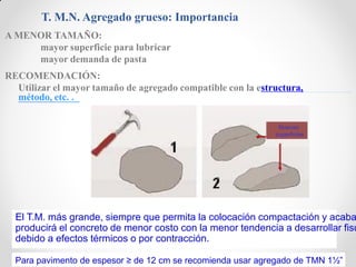 T. M.N. Agregado grueso: Importancia
A MENOR TAMAÑO:
mayor superficie para lubricar
mayor demanda de pasta
RECOMENDACIÓN:
Utilizar el mayor tamaño de agregado compatible con la estructura,
método, etc. .
Nuevas
superficies
El T.M. más grande, siempre que permita la colocación compactación y acaba
producirá el concreto de menor costo con la menor tendencia a desarrollar fisu
debido a efectos térmicos o por contracción.
Para pavimento de espesor ≥ de 12 cm se recomienda usar agregado de TMN 1½”
 