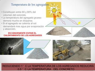 Temperatura de los agregados
• Constituyen entre 60 y 80% del
volumen del concreto.
• La temperatura del agregado grueso
demora mucho en disiparse.
• Si el agregado se calienta al sol
demandará mas agua por evaporación
y absorción.
ES CONVENIENTE EVITAR EL
CALENTAMIENTO DE LOS AGREGADOS
REDUCIENDO 1°C LA TEMPERATURA DE LOS AGREGADOS REDUCIRÁ
0.5 °C DEL CONCRETOLA TEMPERATURA
 