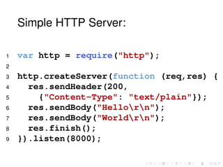 Simple HTTP Server:
1 var http = require("http");
2
3 http.createServer(function (req,res) {
4 res.sendHeader(200,
5 {"Content-Type": "text/plain"});
6 res.sendBody("Hellorn");
7 res.sendBody("Worldrn");
8 res.finish();
9 }).listen(8000);
 