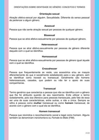 ORIENTAÇÕES SOBRE IDENTIDADE DE GÊNERO: CONCEITOS E TERMOS


                            Orientação sexual
Atração afetivo-sexual por alguém. Sexualidade. Diferente do senso pessoal
de pertencer a algum gênero.

                                Assexual
Pessoa que não sente atração sexual por pessoas de qualquer gênero.

                                Bissexual
Pessoa que se atrai afetivo-sexualmente por pessoas de qualquer gênero.

                              Heterossexual
Pessoa que se atrai afetivo-sexualmente por pessoas de gênero diferente
daquele com o qual se identifica.

                              Homossexual
Pessoa que se atrai afetivo-sexualmente por pessoas de gênero igual àquele
com o qual se identifica.

                              Crossdresser
Pessoa que frequentemente se veste, usa acessórios e/ou se maquia
diferentemente do que é socialmente estabelecido para o seu gênero, sem
se identificar como travesti ou transexual. Geralmente são homens
heterossexuais, casados, que podem ou não ter o apoio de suas
companheiras.

                               Transexual
Termo genérico que caracteriza a pessoa que não se identifica com o gênero
que lhe foi atribuído quando de seu nascimento. Evite utilizar o termo
isoladamente, pois soa ofensivo para pessoas transexuais, pelo fato de essa
ser uma de suas características, entre outras, e não a única. Sempre se
refira à pessoa como mulher transexual ou como homem transexual, de
acordo com o gênero com o qual ela se identifica.

                           Homem transexual
Pessoa que reivindica o reconhecimento social e legal como homem. Alguns
também se denominam transhomens ou Female-to-Male (FtM).




                                                                       15/23
 
