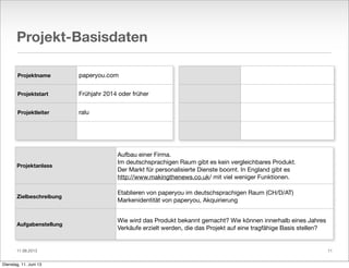 11.06.2013
Projekt-Basisdaten
Projektname
Projektstart
Projektleiter
paperyou.com
Frühjahr 2014 oder früher
ralu
Projektanlass
Zielbeschreibung
Aufgabenstellung
Aufbau einer Firma.
Im deutschsprachigen Raum gibt es kein vergleichbares Produkt.
Der Markt für personalisierte Dienste boomt. In England gibt es
http://www.makingthenews.co.uk/ mit viel weniger Funktionen.
Etablieren von paperyou im deutschsprachigen Raum (CH/D/AT)
Markenidentität von paperyou, Akquirierung
Wie wird das Produkt bekannt gemacht? Wie können innerhalb eines Jahres
Verkäufe erzielt werden, die das Projekt auf eine tragfähige Basis stellen?
11
Dienstag, 11. Juni 13
 
