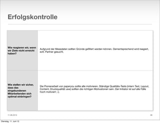 11.06.2013
Erfolgskontrolle
Wie reagieren wir, wenn
wir Ziele nicht erreicht
haben?
Wie stellen wir sicher,
dass das
eingebundenen
Mitarbeitenden sich
optimal einbringen?
Aufgrund der Messdaten sollten Gründe geﬁltert werden können. Dementsprechend wird reagiert,
evtl. Partner gesucht.
Die Pionierarbeit von paperyou sollte alle motivieren. Ständige Qualitäts-Tests (intern Text, Layout,
Content, Druckqualität usw) sollten die richtigen Motivationen sein. Der Initiator ist auf alle Fälle
hoch motiviert ;-).
36
Dienstag, 11. Juni 13
 