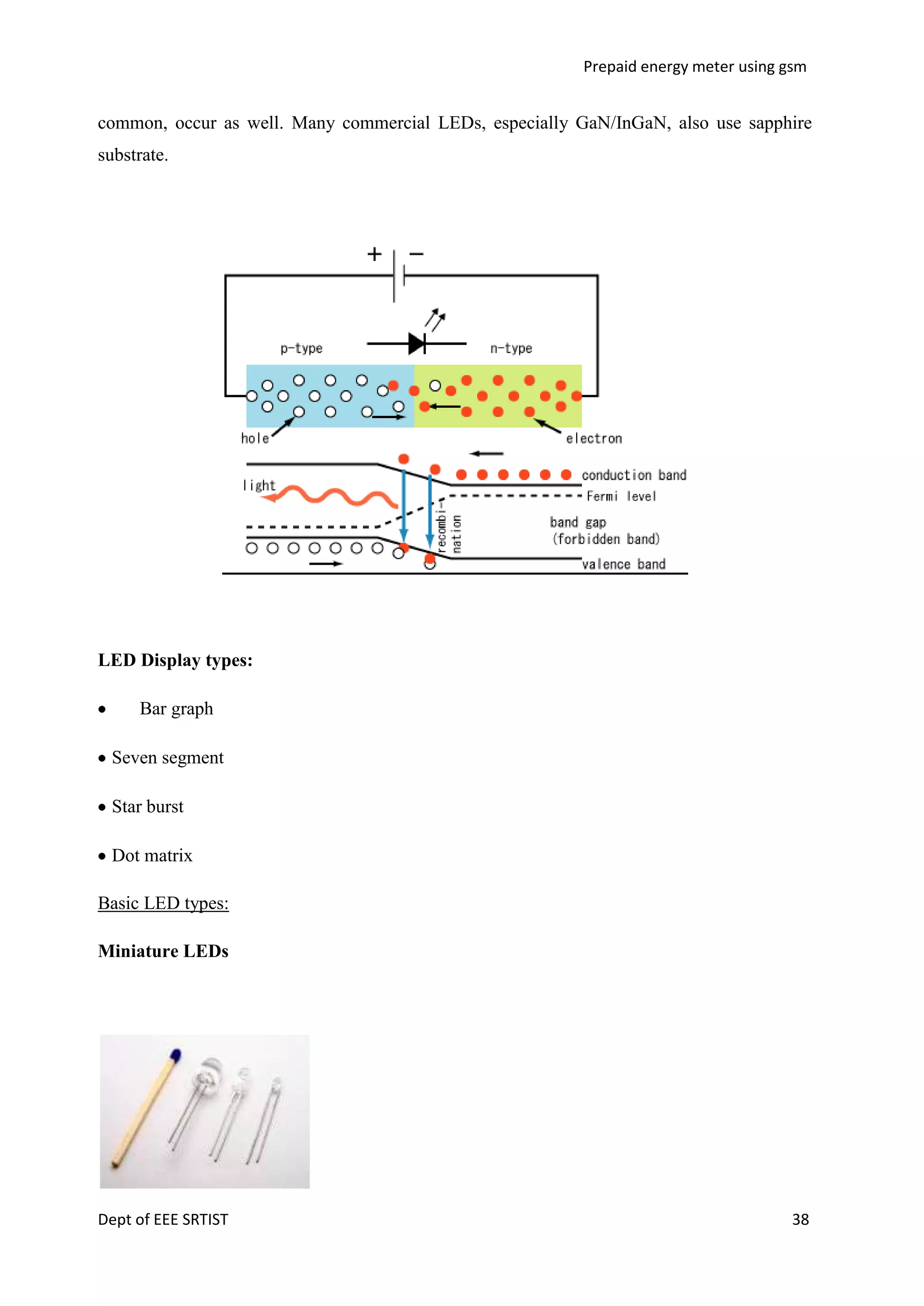 Prepaid energy meter using gsm

common, occur as well. Many commercial LEDs, especially GaN/InGaN, also use sapphire
substrate.

LED Display types:
Bar graph
Seven segment
Star burst
Dot matrix
Basic LED types:
Miniature LEDs

Dept of EEE SRTIST

38

 