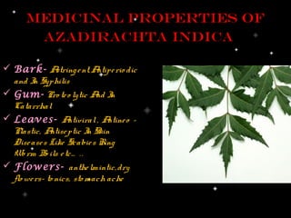 Medicinal properties of
        azadirachta indica

 Bark- A       string e nt, Antipe rio dic
  and I Syphilis
        n
 Gum- Pro te o lytic A I     nd n
  Catarrhal
 Leaves- A         ntiviral , A ntine o -
  Plastic, A  ntise ptic I Skin
                          n
  Dise ase s Like Scabie s Ring
  Wo rm B ils e tc… . .
            o
 Flowers- anthe lmintic, dry
  flo we rs- to nics, sto mach ache
 