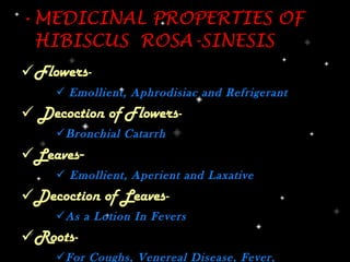 •MEDICINAL PROPERTIES OF
 HIBISCUS ROSA-SINESIS
Flowers-
      Emollient, Aphrodisiac and Refrigerant
 Decoction of Flowers-
     Bronchial Catarrh
Leaves-
      Emollient, Aperient and Laxative
Decoction of Leaves-
     As a Lotion In Fevers
Roots-
     For Coughs, Venereal Disease, Fever,
 