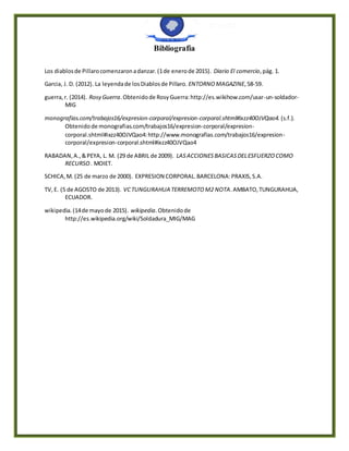 Bibliografía
Los diablosde Pillarocomenzaronadanzar.(1de enerode 2015). Diario El comercio,pág. 1.
Garcia, J. D. (2012). La leyendade losDiablosde Pillaro. ENTORNO MAGAZINE,58-59.
guerra,r. (2014). Rosy Guerra.Obtenidode RosyGuerra:http://es.wikihow.com/usar-un-soldador-
MIG
monografias.com/trabajos16/expresion-corporal/expresion-corporal.shtml#ixzz40OJVQao4. (s.f.).
Obtenidode monografias.com/trabajos16/expresion-corporal/expresion-
corporal.shtml#ixzz40OJVQao4:http://www.monografias.com/trabajos16/expresion-
corporal/expresion-corporal.shtml#ixzz40OJVQao4
RABADAN,A.,&PEYA, L. M. (29 de ABRIL de 2009). LASACCIONESBASICASDELESFUERZOCOMO
RECURSO. MOIET.
SCHICA,M. (25 de marzo de 2000). EXPRESION CORPORAL.BARCELONA:PRAXIS,S.A.
TV,E. (5 de AGOSTO de 2013). VCTUNGURAHUA TERREMOTOM2 NOTA.AMBATO,TUNGURAHUA,
ECUADOR.
wikipedia.(14de mayode 2015). wikipedia.Obtenidode
http://es.wikipedia.org/wiki/Soldadura_MIG/MAG
 