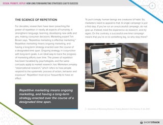 DESIGN, PROMOTE, REPEAT: HOW LONG-TERM MARKETING STRATEGIES LEAD TO SUCCESS
2
THE SCIENCE OF REPETITION
For decades, researchers have been preaching the
power of repetition in nearly all aspects of humanity; it
strengthens language, learning, developing new skills and
yes, making consumer decisions. Marketing expert Tim
Brown says, “Repetitive marketing is effective marketing.”
Repetitive marketing means ongoing marketing, and
having a long-term strategy enacted over the course of
a designated time span. Ongoing strategy, in conjunction
with long-term goals, is an ideal way to track the progress
of marketing efforts over time. The power of repetition
has been heralded by psychologists, and the same
concepts apply to market research, too. Marketers employ
“observational research,” which refers to how people
respond to the systematic process of action, behavior and
exposure2
. Repetition must occur frequently to have an
effect.
To put it simply: human beings are creatures of habit. So,
marketers need to appeal to that. A single campaign is just
a first step. If you’ve run an unsuccessful campaign, do not
give up. Instead, treat the experience as research, and try
again. On the contrary, a successful one-time campaign
means that you’re on to something big, so why stop there?
2 | Essentials of Marketing Research: Putting Research Into Practice. 9 Jan 2013
Repetitive marketing means ongoing
marketing, and having a long-term
strategy enacted over the course of a
designated time span.
 