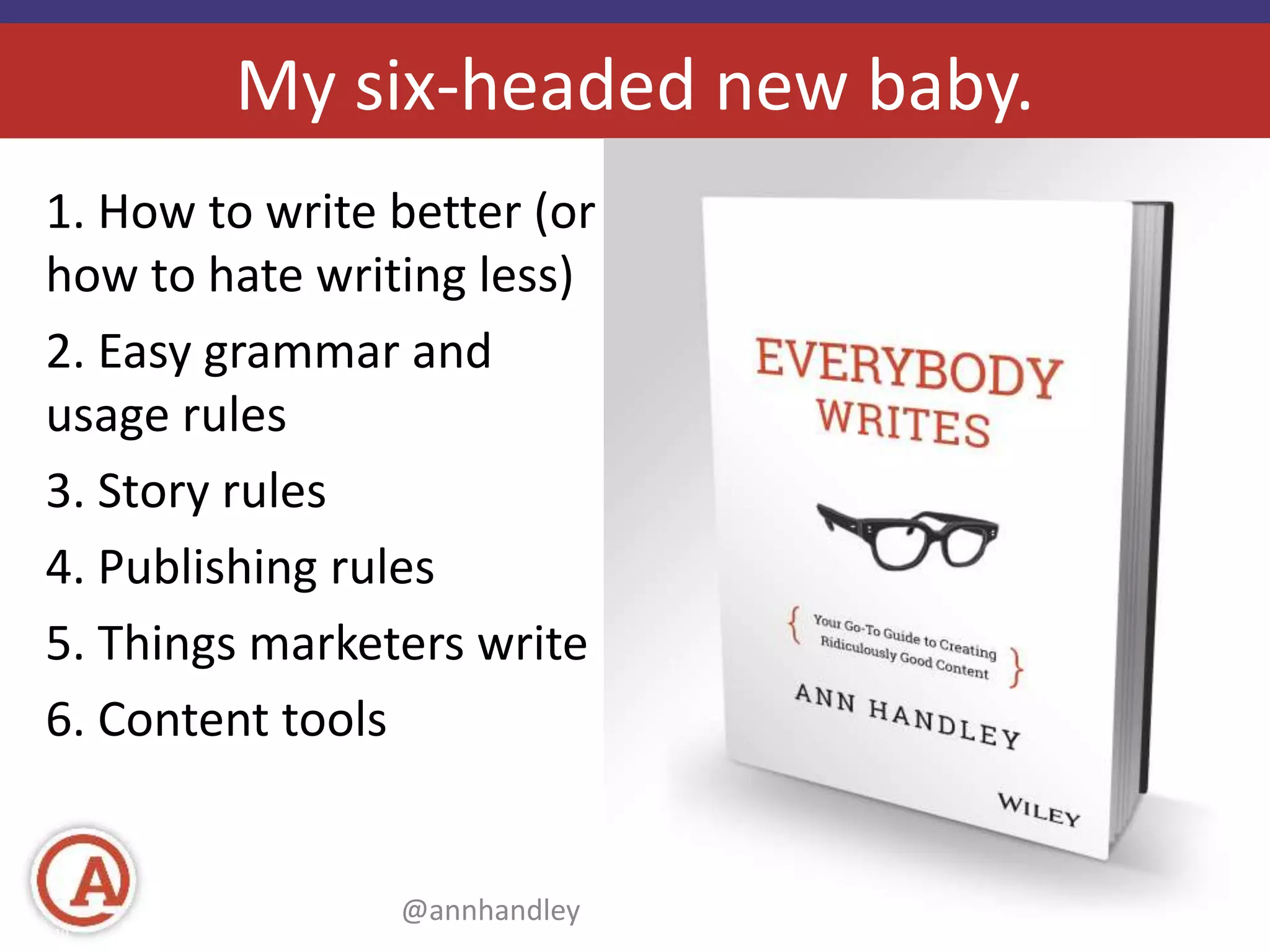 My six-headed new baby. 
1. How to write better (or 
how to hate writing less) 
2. Easy grammar and 
usage rules 
3. Story rules 
4. Publishing rules 
5. Things marketers write 
6. Content tools 
@annhandley | annhandley.com 
Page 10 #mktgnation14 © 2014 Marketo, Inc. 
 