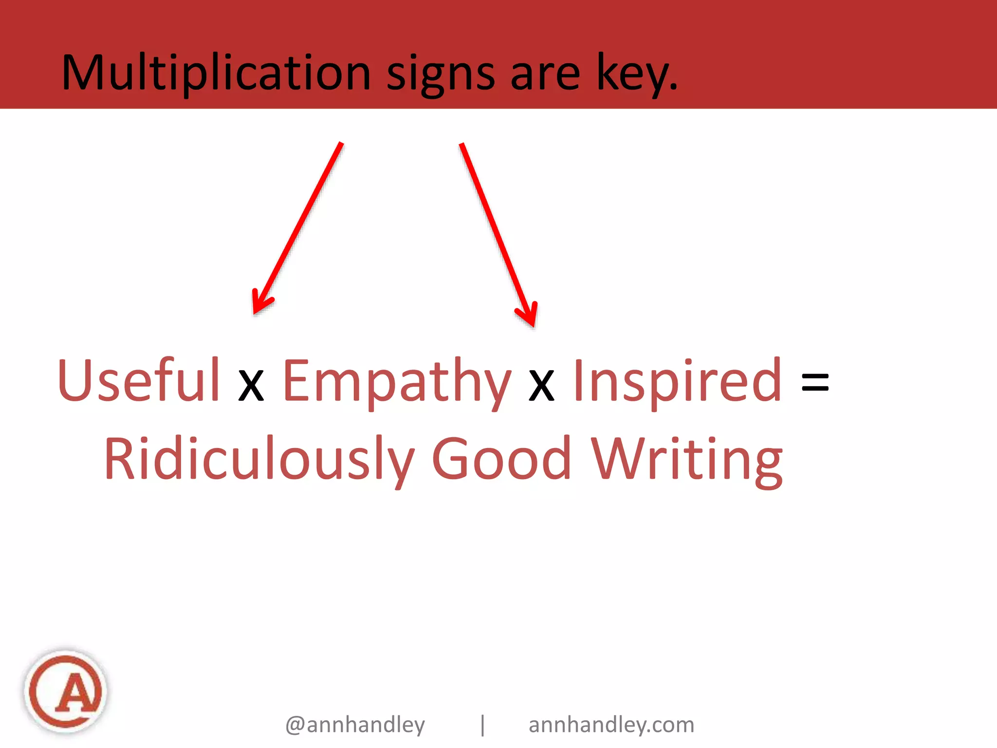 Multiplication signs are key. 
Useful x Empathy x Inspired = 
Ridiculously Good Writing 
@annhandley | annhandley.com 
 