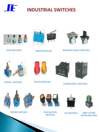 PUSH SWITCHES         MICRO SWITCHES        ROCKER & PADDLE SWITCHES




TOGGLE SWITCHES        TACTILE SWITCHES
                                              THUMB WHEEL SWITCHES




     ROTARY SWITCHES            PUSH BUTTON    KEY SWITCHES    SNAP ACTING
                                  SWITCHES                    MICRO SWITCHES
 
