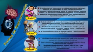 Se fundamenta en el conocimiento por medio de la acción, la práctica y la
repetición, se caracteriza por ser literal, secuencial y concreto.
Los objetos y acontecimientos del mundo se conocen mediante esquemas
motores y la reacción natural e inmediata que generan, sin uso de símbolos.
Este tipo de representación engrana la acción con la experiencia externa,
dependiendo completamente del contexto.
Mediante esta forma de representación se puede interpretar el mundo a
través de imágenes mentales, construyendo esquemas espaciales o
imagenes que tienen carácter figurativo, no solamente sensoriomotriz.
Esta forma de representación es más flexible que la enativa, ya que
trasciende el presente, permitiendo imaginar hechos y situaciones del
pasado o del futuro.
El aprendizaje implica el uso de imagenes o dibujos y el descubrimiento
transductivo.
Se da a través de un esquema abstracto que puede ser el lenguaje o
cualquier otro sistema simbólico estructurado.
Es la traducción de la experiencia en palabras que permiten otro tipo de
transformaciones más complejas.
Las palabras o signos lingüísticos permiten referir no sólo a cosas
particulares, sino también clases de cosas (categorización) y
conceptos generales.
ó
ó
 