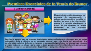 Esta teoría supone que los procesos intelectuales están profundamente afectados por las metas
individuales. Meta u objetivo es un concepto esencial para esta teoría del aprendizaje. Una
característica exclusiva de los seres humanos es su capacidad para luchar por alcanzar sus intereses
propios o metas, ya sea a largo o corto plazo, es decir, que se comportan deliberadamente para alcanzar
metas de acuerdo con sus conocimientos disponibles; se comportan inteligentemente.
El aprendizaje no sólo se produce por
procesos de representación y
categorización cognitiva, en solitario;
tambien se genera de intercambiar,
compartir y negociar significados, a
través de los sistemas de ayuda
(andamiaje) en los procesos
instruccionales.
ó
 