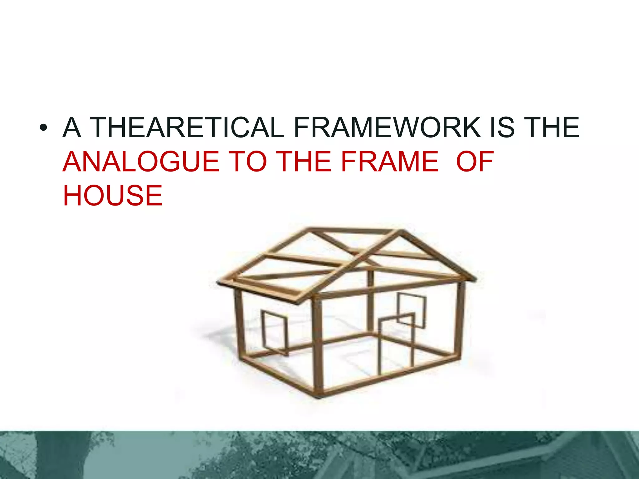 • A THEARETICAL FRAMEWORK IS THE
ANALOGUE TO THE FRAME OF
HOUSE
 