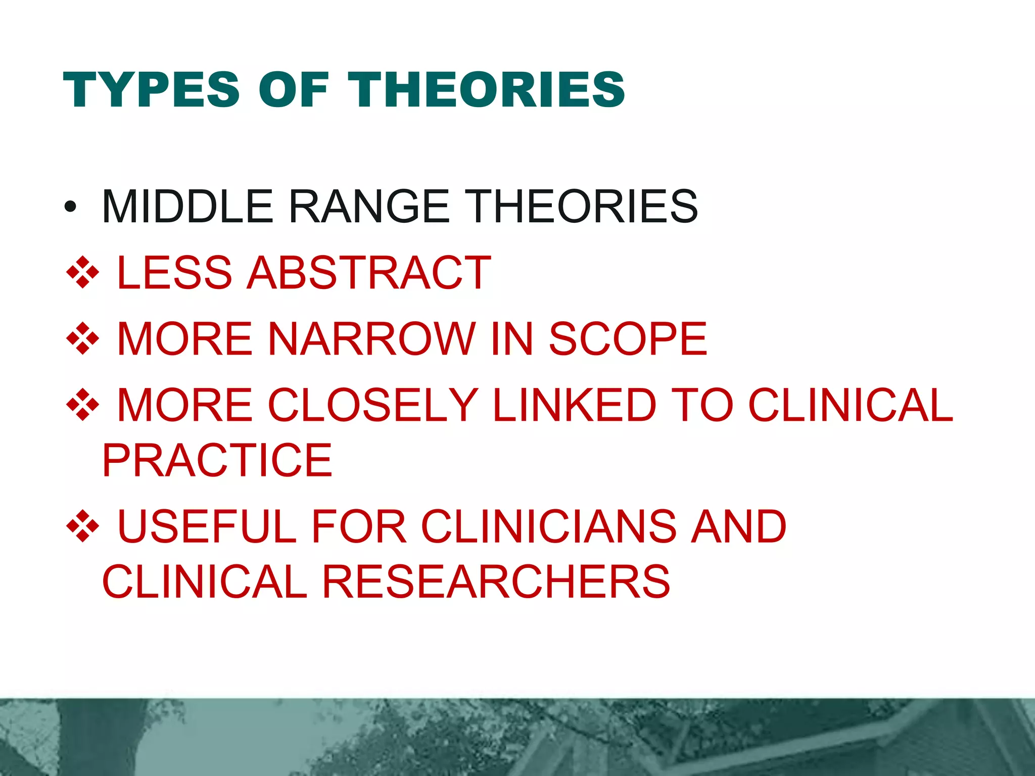 TYPES OF THEORIES
• MIDDLE RANGE THEORIES
 LESS ABSTRACT
 MORE NARROW IN SCOPE
 MORE CLOSELY LINKED TO CLINICAL
PRACTICE
 USEFUL FOR CLINICIANS AND
CLINICAL RESEARCHERS
 
