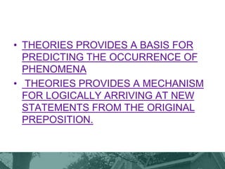 • THEORIES PROVIDES A BASIS FOR
PREDICTING THE OCCURRENCE OF
PHENOMENA
• THEORIES PROVIDES A MECHANISM
FOR LOGICALLY ARRIVING AT NEW
STATEMENTS FROM THE ORIGINAL
PREPOSITION.
 