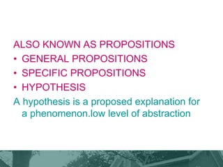 ALSO KNOWN AS PROPOSITIONS
• GENERAL PROPOSITIONS
• SPECIFIC PROPOSITIONS
• HYPOTHESIS
A hypothesis is a proposed explanation for
a phenomenon.low level of abstraction
 