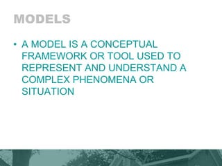 MODELS
• A MODEL IS A CONCEPTUAL
FRAMEWORK OR TOOL USED TO
REPRESENT AND UNDERSTAND A
COMPLEX PHENOMENA OR
SITUATION
 