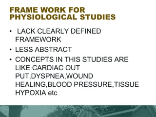 FRAME WORK FOR
PHYSIOLOGICAL STUDIES
• LACK CLEARLY DEFINED
FRAMEWORK
• LESS ABSTRACT
• CONCEPTS IN THIS STUDIES ARE
LIKE CARDIAC OUT
PUT,DYSPNEA,WOUND
HEALING,BLOOD PRESSURE,TISSUE
HYPOXIA etc
 
