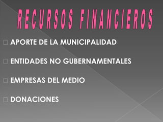 RECURSOS FINANCIEROSӿ APORTE DE LA MUNICIPALIDADӿ ENTIDADES NO GUBERNAMENTALESӿ EMPRESAS DEL MEDIOӿ DONACIONES