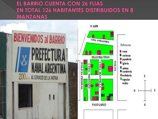 EL BARRIO CUENTA CON 26 FLIAS EN TOTAL 126 HABITANTES DISTRIBUIDOS EN 8 MANZANAS