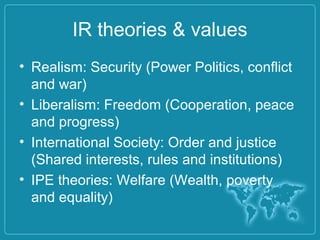 IR theories & values
• Realism: Security (Power Politics, conflict
and war)
• Liberalism: Freedom (Cooperation, peace
and progress)
• International Society: Order and justice
(Shared interests, rules and institutions)
• IPE theories: Welfare (Wealth, poverty
and equality)
 