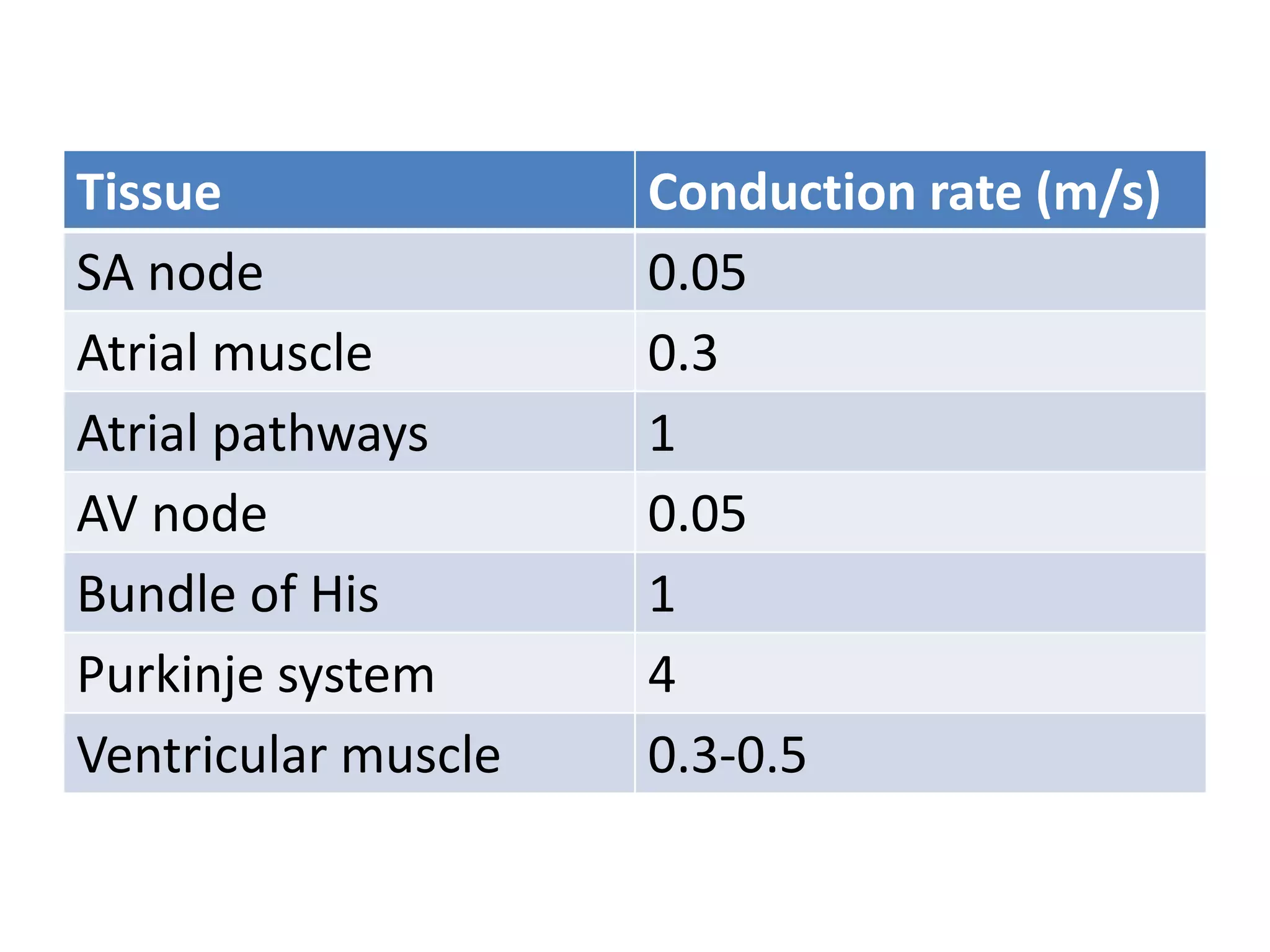 Tissue Conduction rate (m/s)
SA node 0.05
Atrial muscle 0.3
Atrial pathways 1
AV node 0.05
Bundle of His 1
Purkinje system 4
Ventricular muscle 0.3-0.5