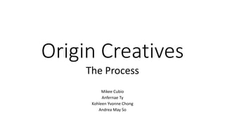 Origin Creatives
The Process
Mikee Cubio
Anfernae Ty
Kohleen Yvonne Chong
Andrea May So
 