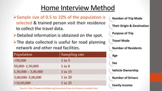 Home Interview Method
Sample size of 0.5 to 10% of the population is
selected & trained person visit their residence
to collect the travel data.
Detailed information is obtained on the spot.
The data collected is useful for road planning
network and other road facilities.
Number of Trip Made
Their Origin & Destination
Purpose of Trip
Travel Mode
Number of Residents
Age
Sex
Vehicle Ownership
Number of Drivers
Family Income
Source: http://www.tools4dev.org/resources/how-to-choose-a-sample-size/
 
