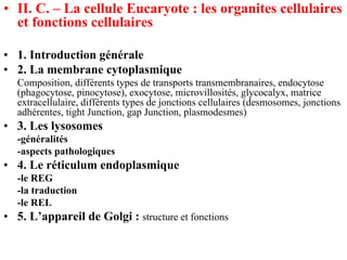 • II. C. – La cellule Eucaryote : les organites cellulaires
  et fonctions cellulaires

• 1. Introduction générale
• 2. La membrane cytoplasmique
   Composition, différents types de transports transmembranaires, endocytose
   (phagocytose, pinocytose), exocytose, microvillosités, glycocalyx, matrice
   extracellulaire, différents types de jonctions cellulaires (desmosomes, jonctions
   adhérentes, tight Junction, gap Junction, plasmodesmes)
• 3. Les lysosomes
   -généralités
   -aspects pathologiques
• 4. Le réticulum endoplasmique
   -le REG
   -la traduction
   -le REL
• 5. L’appareil de Golgi : structure et fonctions
 