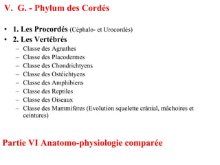 V. G. - Phylum des Cordés

• 1. Les Procordés (Céphalo- et Urocordés)
• 2. Les Vertébrés
   –   Classe des Agnathes
   –   Classe des Placodermes
   –   Classe des Chondrichtyens
   –   Classe des Ostéichtyens
   –   Classe des Amphibiens
   –   Classe des Reptiles
   –   Classe des Oiseaux
   –   Classe des Mammifères (Evolution squelette crânial, mâchoires et
       ceintures)



Partie VI Anatomo-physiologie comparée
 