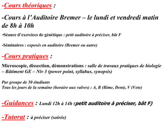 -Cours théoriques :
-Cours à l’Auditoire Bremer – le lundi et vendredi matin
de 8h à 10h
-Séance d’exercices de génétique : petit auditoire à préciser, bât F

-Séminaires : exposés en auditoire (Bremer ou autre)

-Cours pratiques :
Microscopie, dissection, démonstrations : salle de travaux pratiques de biologie
– Bâtiment GE – Niv 3 (power point, syllabus, synopsis)

Par groupe de 50 étudiants
Tous les jours de la semaine (horaire aux valves) : A, B (Bime, Dent), V (Vete)


-Guidances : Lundi 12h à 14h (petit auditoire à préciser, bât F)

-Tutorat : à préciser (soirée)
 
