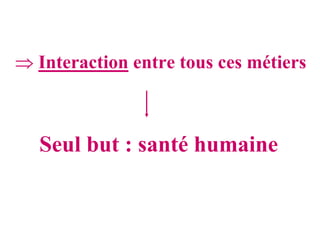 ⇒ Interaction entre tous ces métiers



  Seul but : santé humaine
 