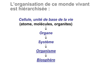 L’organisation de ce monde vivant
est hiérarchisée :

   Cellule, unité de base de la vie
   (atome, molécules, organites)
                   ↓
               Organe
                   ↓
               Système
                   ↓
             Organisme
                   ↓
              Biosphère
 