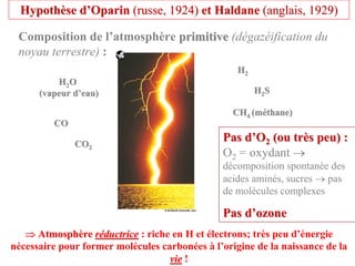 Hypothèse d’Oparin (russe, 1924) et Haldane (anglais, 1929)

 Composition de l’atmosphère primitive (dégazéification du
 noyau terrestre) :
                                                   H2
          H2O
      (vapeur d’eau)                                    H2S

                                                  CH4 (méthane)
         CO

              CO2
                                               Pas d’O2 (ou très peu) :
                                               O2 = oxydant →
                                               décomposition spontanée des
                                               acides aminés, sucres → pas
                                               de molécules complexes

                                               Pas d’ozone
   ⇒ Atmosphère réductrice : riche en H et électrons; très peu d’énergie
nécessaire pour former molécules carbonées à l’origine de la naissance de la
                                   vie !
 