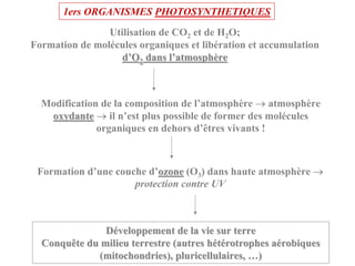 1ers ORGANISMES PHOTOSYNTHETIQUES
                Utilisation de CO2 et de H2O;
Formation de molécules organiques et libération et accumulation
                   d’O2 dans l’atmosphère



  Modification de la composition de l’atmosphère → atmosphère
   oxydante → il n’est plus possible de former des molécules
              organiques en dehors d’êtres vivants !



 Formation d’une couche d’ozone (O3) dans haute atmosphère →
                     protection contre UV



               Développement de la vie sur terre
  Conquête du milieu terrestre (autres hétérotrophes aérobiques
             (mitochondries), pluricellulaires, …)
 