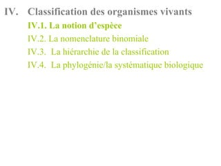 IV. Classification des organismes vivants
     IV.1. La notion d’espèce
     IV.2. La nomenclature binomiale
     IV.3. La hiérarchie de la classification
     IV.4. La phylogénie/la systématique biologique
 