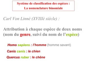 Système de classification des espèces :
             La nomenclature binomiale


Carl Von Linné (XVIIIè siècle) :

Attribution à chaque espèce de deux noms
(nom du genre, suivi du nom de l’espèce)
         genre                       ce

  Homo sapiens : l’homme (homme savant)
  Canis canis : le chien
 Quercus ruber : le chêne
 