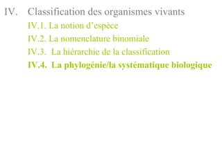 IV. Classification des organismes vivants
     IV.1. La notion d’espèce
     IV.2. La nomenclature binomiale
     IV.3. La hiérarchie de la classification
     IV.4. La phylogénie/la systématique biologique
 