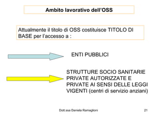 Ambito lavorativo dell’OSS Attualmente il titolo di OSS costituisce TITOLO DI BASE per l’accesso a : ENTI PUBBLICI STRUTTURE SOCIO SANITARIE PRIVATE AUTORIZZATE E PRIVATE AI SENSI DELLE LEGGI VIGENTI (centri di servizio anziani) 