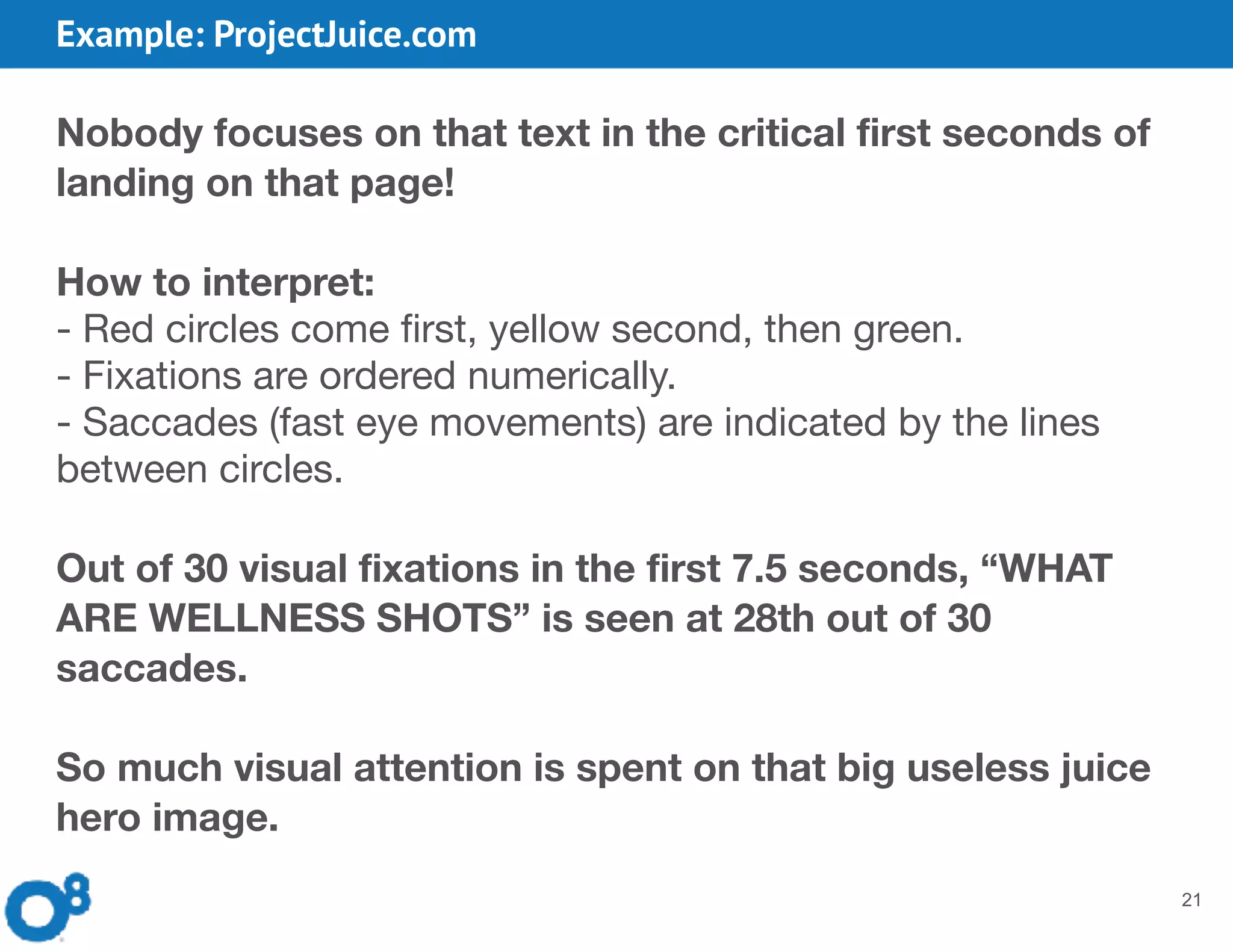 Example: ProjectJuice.com
21
Nobody focuses on that text in the critical first seconds of
landing on that page!
How to interpret:
- Red circles come first, yellow second, then green. 

- Fixations are ordered numerically. 

- Saccades (fast eye movements) are indicated by the lines
between circles.

Out of 30 visual fixations in the first 7.5 seconds, “WHAT
ARE WELLNESS SHOTS” is seen at 28th out of 30
saccades.
So much visual attention is spent on that big useless juice
hero image.
 