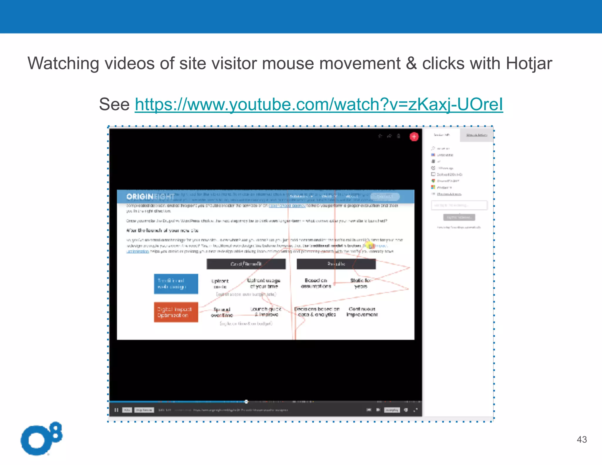 What does DIO look like?
43
Watching videos of site visitor mouse movement & clicks with Hotjar
See https://www.youtube.com/watch?v=zKaxj-UOreI
 