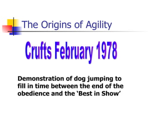 The Origins of Agility Demonstration of dog jumping to fill in time between the end of the obedience and the ‘Best in Show’ Crufts February 1978 