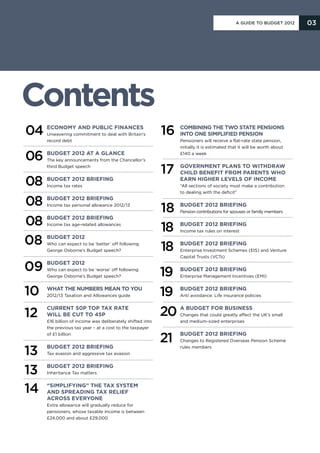 A Guide to Budget 2012      03




Contents
04   Economy and public finances
     Unwavering commitment to deal with Britain’s          16   Combining the two state pensions
                                                                into one simplified pension
     record debt                                                Pensioners will receive a flat-rate state pension,
                                                                initially it is estimated that it will be worth about

06   Budget 2012 at a glance
     The key announcements from the Chancellor’s
                                                                £140 a week


     third Budget speech
                                                           17   Government plans to withdraw
                                                                child benefit from parents who

08   Budget 2012 briefing
     Income tax rates
                                                                earn higher levels of income
                                                                “All sections of society must make a contribution
                                                                to dealing with the deficit”

08   Budget 2012 briefing
     Income tax personal allowance 2012/13
                                                           18   Budget 2012 briefing
                                                                Pension contributions for spouses or family members

08   Budget 2012 briefing
     Income tax age-related allowances
                                                           18   Budget 2012 briefing
                                                                Income tax rules on interest

08   Budget 2012
     Who can expect to be ‘better’ off following
                                                           18   Budget 2012 briefing
     George Osborne’s Budget speech?                            Enterprise Investment Schemes (EIS) and Venture
                                                                Capital Trusts (VCTs)

09   Budget 2012
     Who can expect to be ‘worse’ off following
     George Osborne’s Budget speech?                       19   Budget 2012 briefing
                                                                Enterprise Management Incentives (EMI)



10   What the numbers mean to you
     2012/13 Taxation and Allowances guide                 19   Budget 2012 briefing
                                                                Anti avoidance: Life insurance policies



12
     Current 50p top tax rate
     will be cut to 45p                                    20   A Budget for business
                                                                Changes that could greatly affect the UK’s small
     £16 billion of income was deliberately shifted into        and medium-sized enterprises
     the previous tax year – at a cost to the taxpayer
     of £1 billion
                                                           21   Budget 2012 briefing
                                                                Changes to Registered Overseas Pension Scheme


13   Budget 2012 briefing
     Tax evasion and aggressive tax evasion
                                                                rules members




13   Budget 2012 briefing
     Inheritance Tax matters



14   “Simplifying” the tax system
     and spreading tax relief
     across everyone
     Extra allowance will gradually reduce for
     pensioners, whose taxable income is between
     £24,000 and about £29,000
 