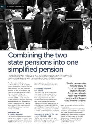 16   A Guide to Budget 2012




     Combining the two
     state pensions into one
     simplified pension
     Pensioners will receive a flat-rate state pension, initially it is
     estimated that it will be worth about £140 a week
     The Chancellor Mr Osborne                   by a single scheme, will cost no more
                                                                                                  The flat rate pension
     confirmed during his Budget 2012            than the existing state pension system.
     speech a pledge to combine the two                                                               will only apply to
     state pensions into one simplified          Combined pension                                   those retiring after
     pension, as well as increasing the          payments                                              implementation.
     state pension age automatically in          This means that while those on low
     line with rises in longevity.               incomes who have made small or                     Pensioners already
        The full basic state pension is          no contributions to S2P will benefit               receiving the state
     currently £102.15 a week, rising to         from a higher pension than they
                                                                                                 pension will not move
     £107.45 from April this year. Pensioners    could currently expect, people who
     will receive a flat-rate state pension,     earn higher salaries may lose out.              onto the new scheme.
     initially it is estimated that it will be   The current full basic state pension is
     worth about £140 a week for those           £102.15 a week (rising to £107.45 from     state pension will not move onto the
     with a 30-year national insurance           April 2012), but those at the top end of   new scheme.
     record, from 2016.                          the salary scale can expect up to £180       Mr Osborne also announced that an
                                                 a week in combined pension payments.       automatic review of the state pension
     Replaced by                                                                            age (SPA) would be introduced to
     a single scheme                             Automatic review of the                    take account of increases in longevity.
     The government says the long-awaited        state pension age                          Details of how this will be done will
     change, which will see the current basic    The flat rate pension will only apply      be published alongside the Office
     state pension and second state pension      to those retiring after implementation.    for Budget Responsibility fiscal
     (S2P, formerly known as Serps) replaced     Pensioners already receiving the           sustainability report.
 