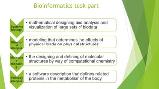 Bioinformatics took part
Systems
biology
• mathematical designing and analysis and
visualization of large sets of biodata
Structur
al
analysis
• modeling that determines the effects of
physical loads on physical structures
Molecula
r
modelin
g
• the designing and defining of molecular
structures by way of computational chemistry
Pathway
analysis
• a software description that defines related
proteins in the metabolism of the body.
 
